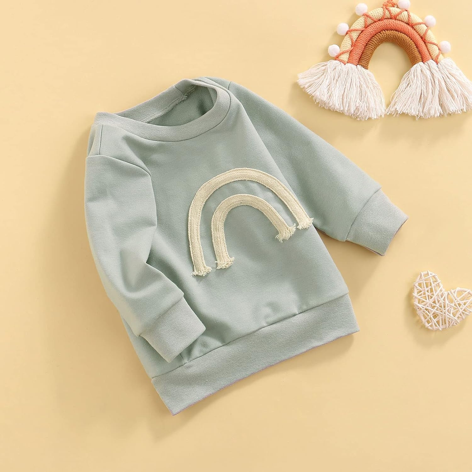 Toddler Baby Boy Girl Pullover Sweatshirt Long Sleeve Solid Color Rainbow Embroidery Blouse Top Fall Winter Clothes